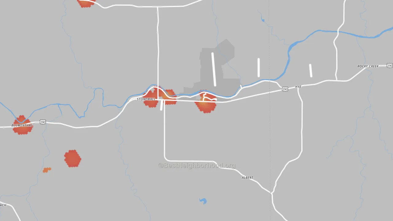 Walk Grade map of Stonewall, TX, walkable areas in green and car-dependent areas in red