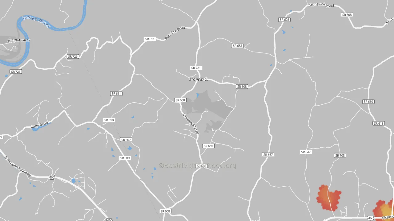 Walk Grade map of Stonewall, VA, walkable areas in green and car-dependent areas in red