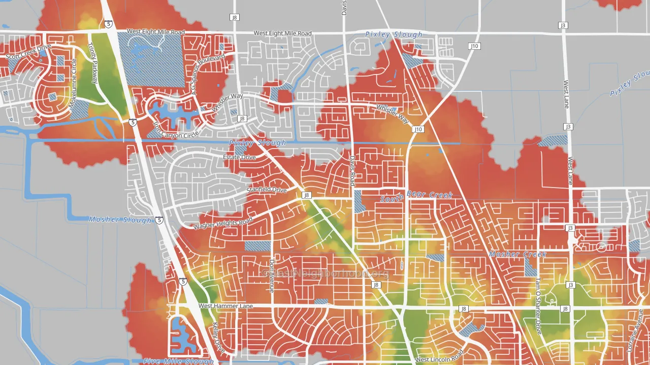 Walk Grade map of Stonewood, Stockton, CA, walkable areas in green and car-dependent areas in red