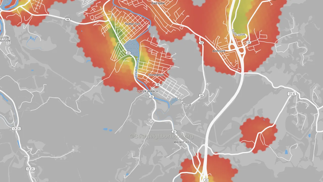 Walk Grade map of Stonewood, WV, walkable areas in green and car-dependent areas in red