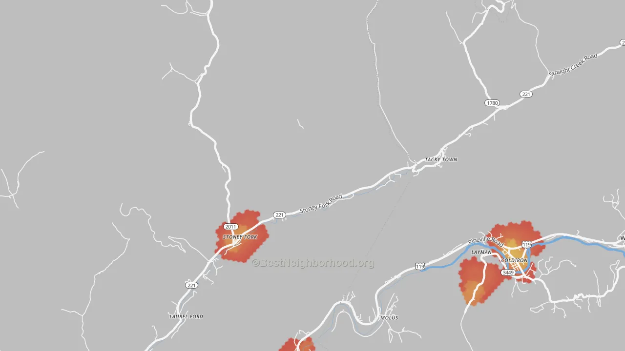 Walk Grade map of Stoney Fork, KY, walkable areas in green and car-dependent areas in red
