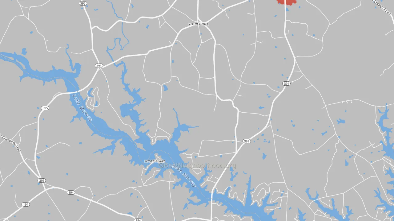 Walk Grade map of Stoney Hill, SC, walkable areas in green and car-dependent areas in red