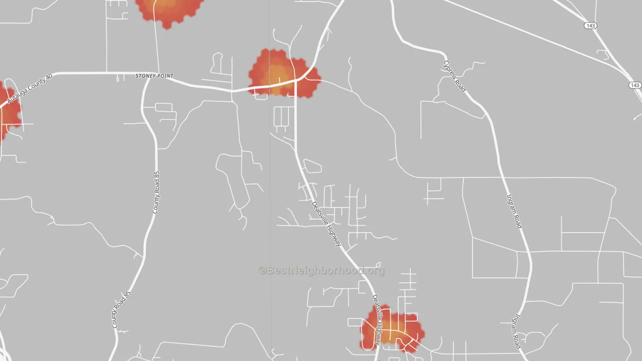 Walk Grade map of Stoney Point, AL, walkable areas in green and car-dependent areas in red