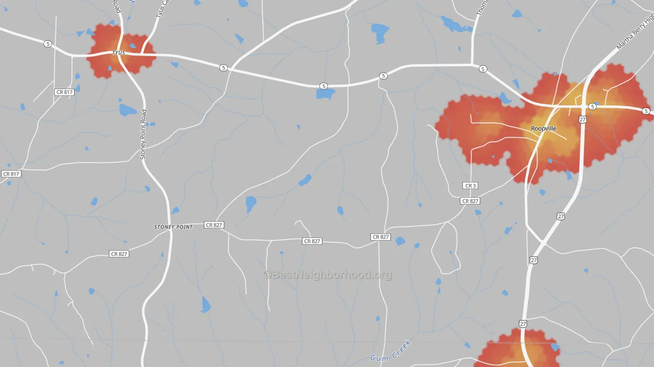 Walk Grade map of Stoney Point, GA, walkable areas in green and car-dependent areas in red