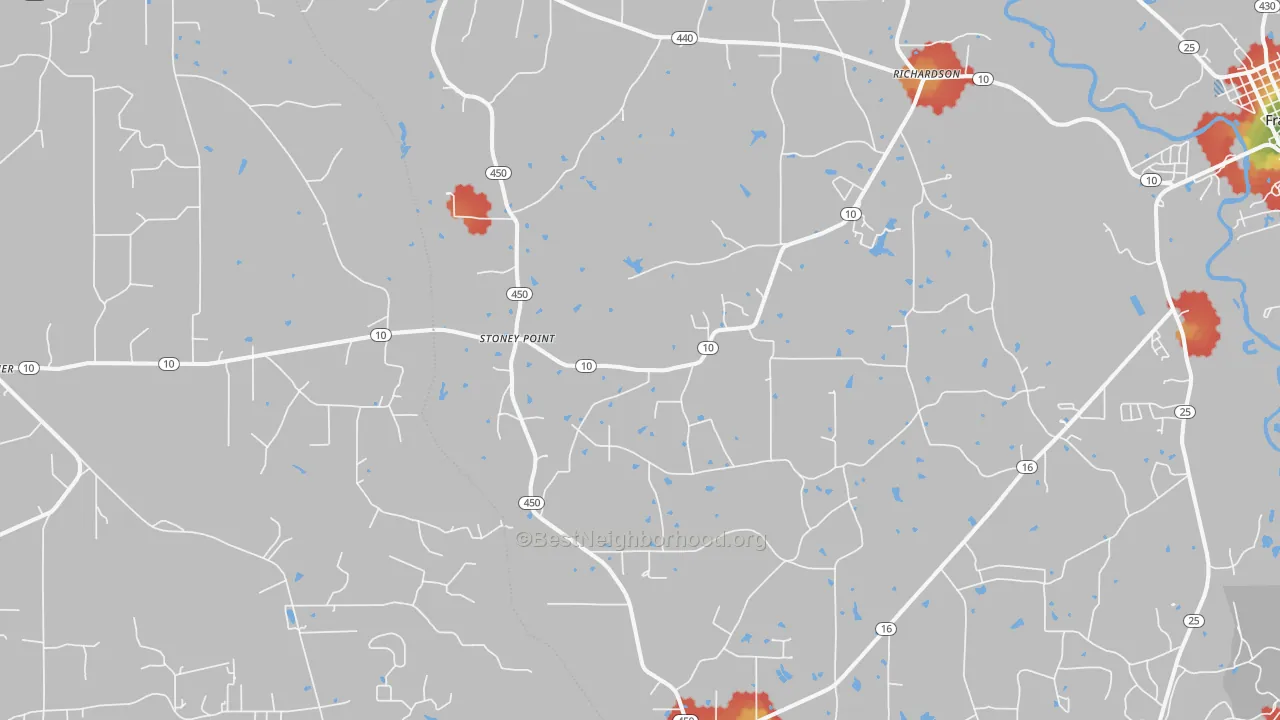 Walk Grade map of Stoney Point, LA, walkable areas in green and car-dependent areas in red