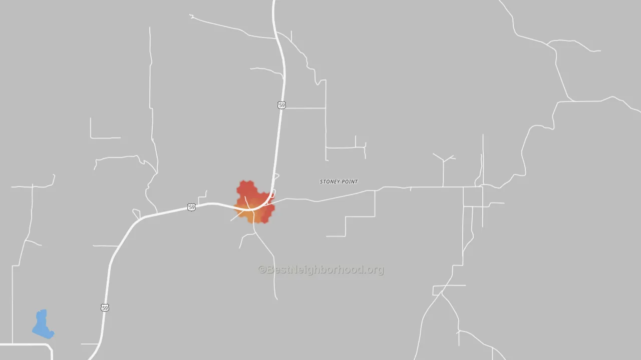 Walk Grade map of Stoney Point, OK, walkable areas in green and car-dependent areas in red