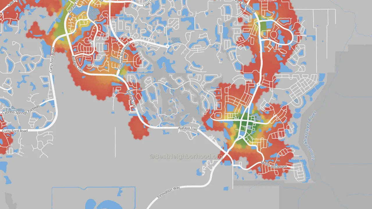 Walk Grade map of Stoneybrook, Alafaya, FL, walkable areas in green and car-dependent areas in red