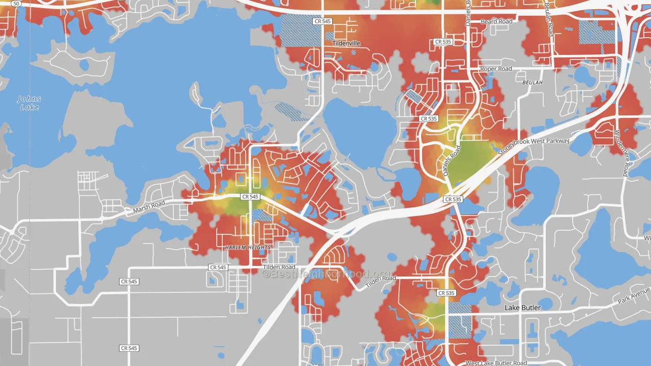 Walk Grade map of Stoneybrook West, Winter Garden, FL, walkable areas in green and car-dependent areas in red