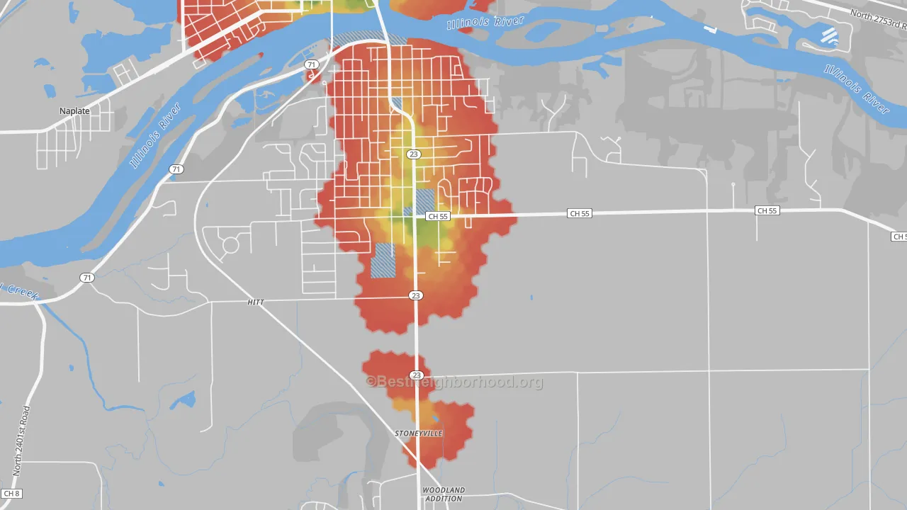 Walk Grade map of Stoneyville, IL, walkable areas in green and car-dependent areas in red