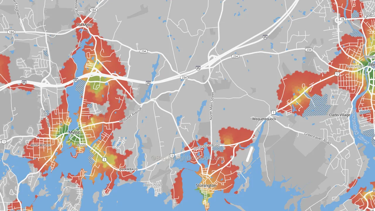Walk Grade map of Stonington, CT, walkable areas in green and car-dependent areas in red