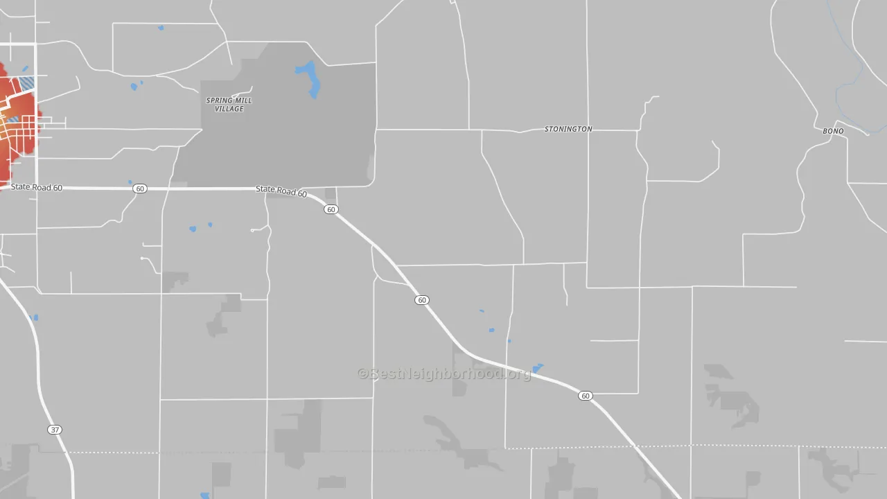 Walk Grade map of Stonington, IN, walkable areas in green and car-dependent areas in red