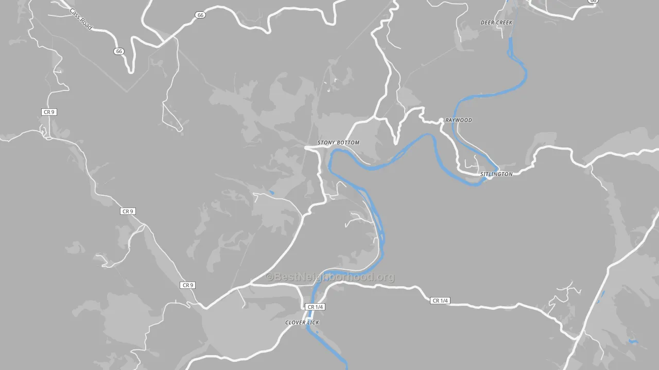 Walk Grade map of Stony Bottom, WV, walkable areas in green and car-dependent areas in red