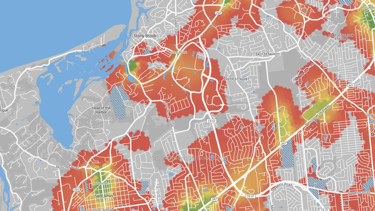 Walk Grade map of Stony Brook, NY, walkable areas in green and car-dependent areas in red