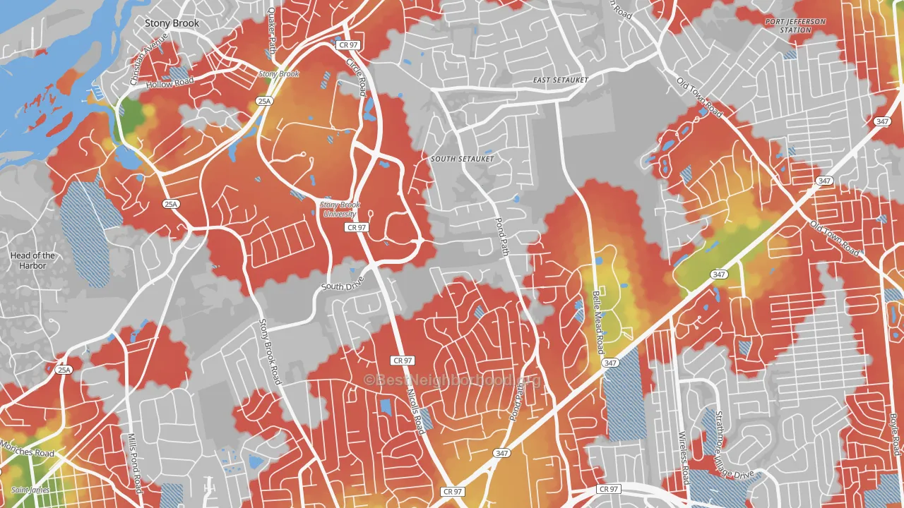 Walk Grade map of Stony Brook University, NY, walkable areas in green and car-dependent areas in red