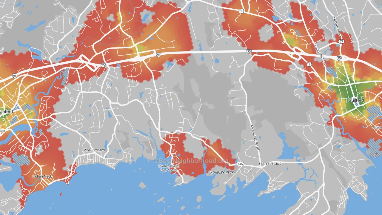 Walk Grade map of Stony Creek, CT, walkable areas in green and car-dependent areas in red