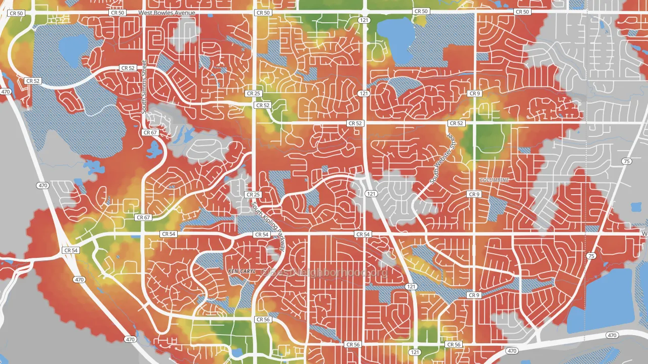 Walk Grade map of Stony Creek, Ken Caryl, CO, walkable areas in green and car-dependent areas in red