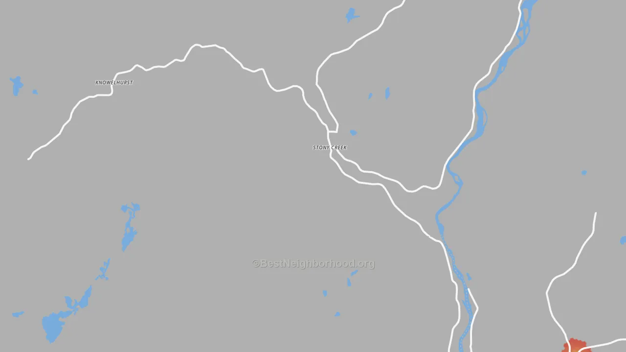 Walk Grade map of Stony Creek, NY, walkable areas in green and car-dependent areas in red