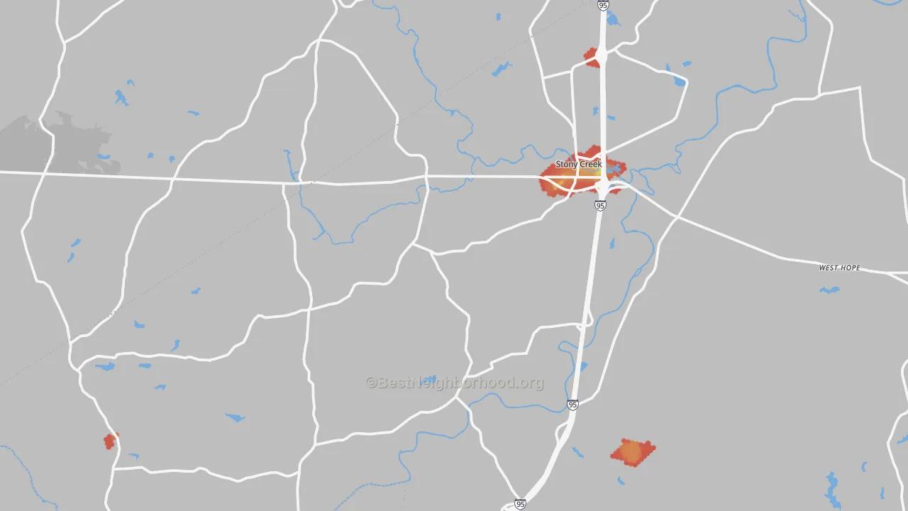 Walk Grade map of Stony Creek, VA, walkable areas in green and car-dependent areas in red