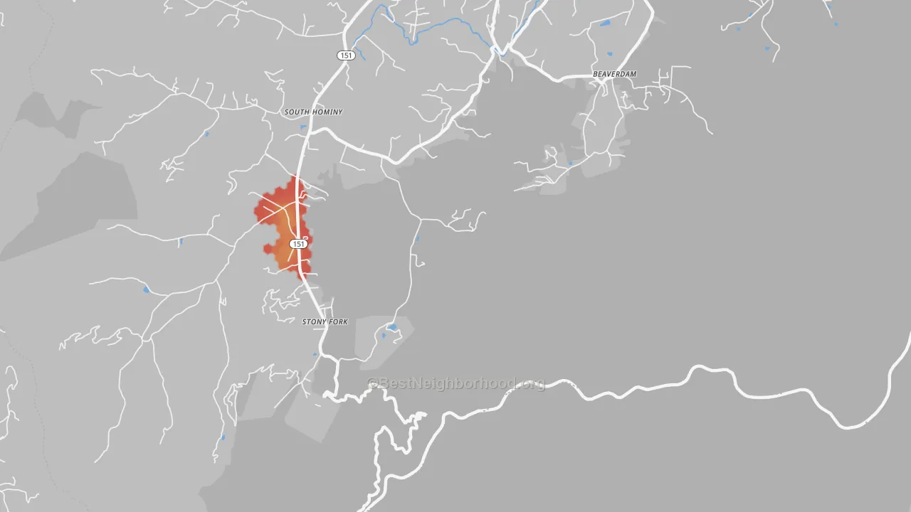 Walk Grade map of Stony Fork, NC, walkable areas in green and car-dependent areas in red