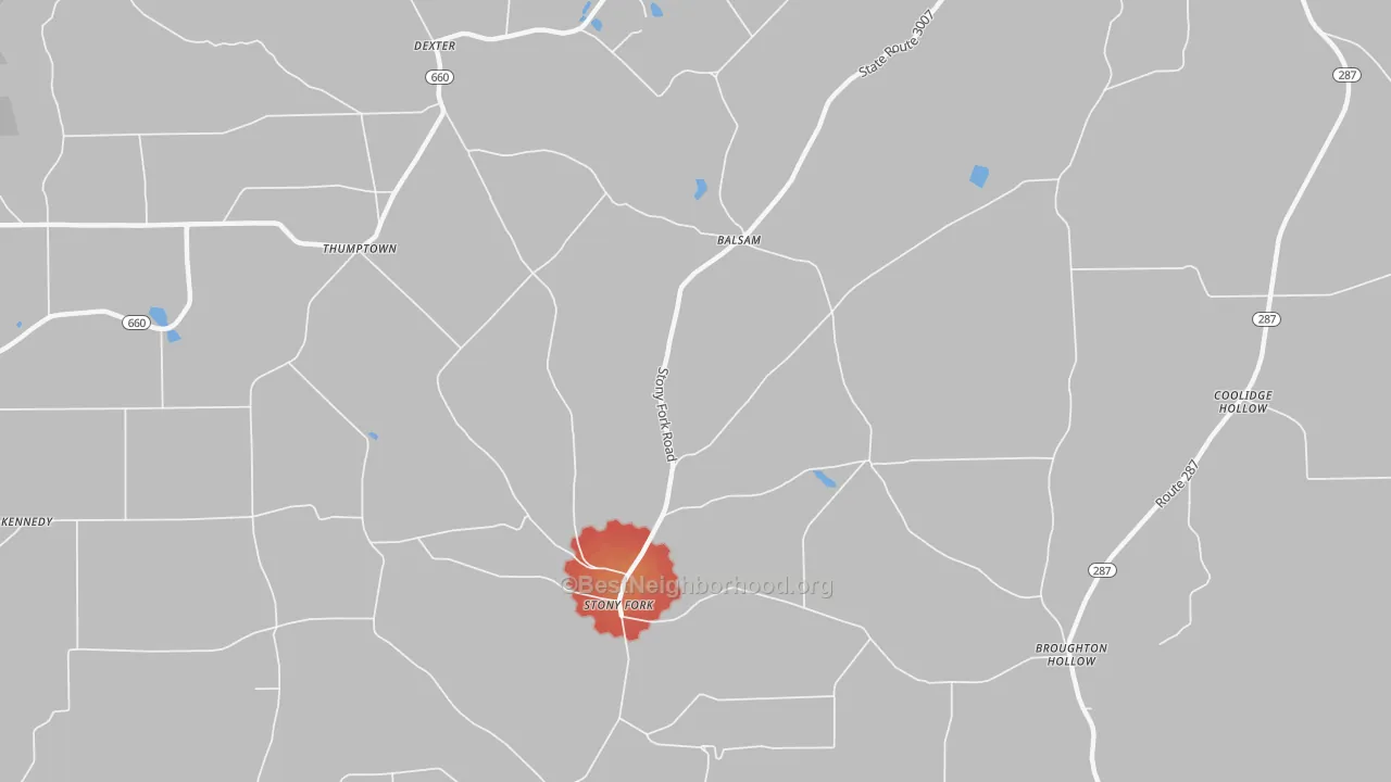 Walk Grade map of Stony Fork, PA, walkable areas in green and car-dependent areas in red