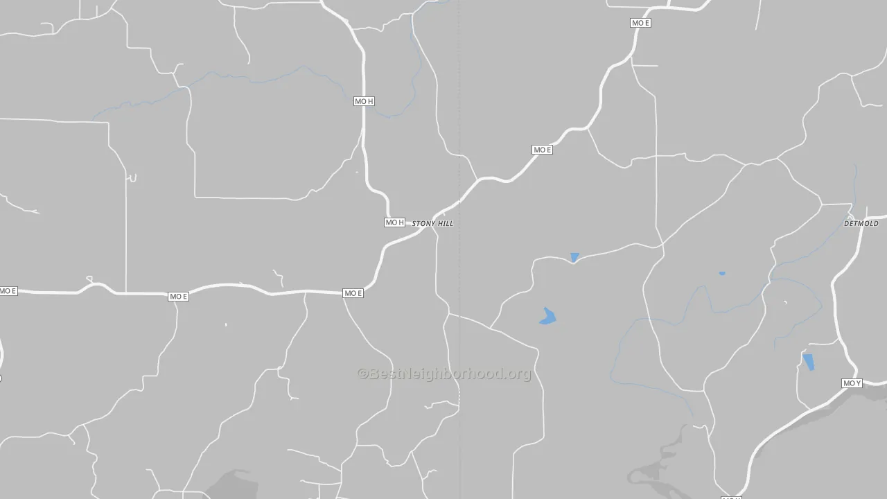 Walk Grade map of Stony Hill, MO, walkable areas in green and car-dependent areas in red