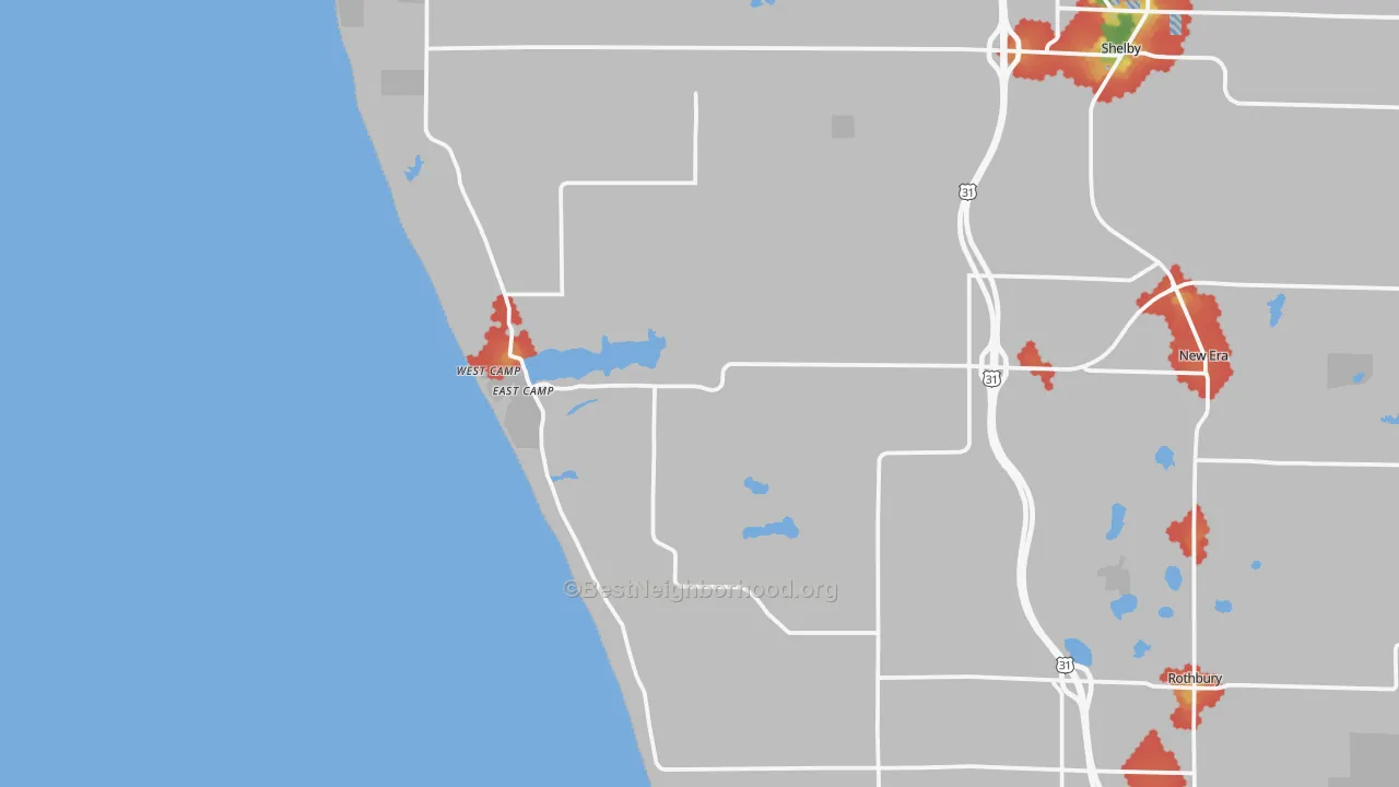 Walk Grade map of Stony Lake, MI, walkable areas in green and car-dependent areas in red