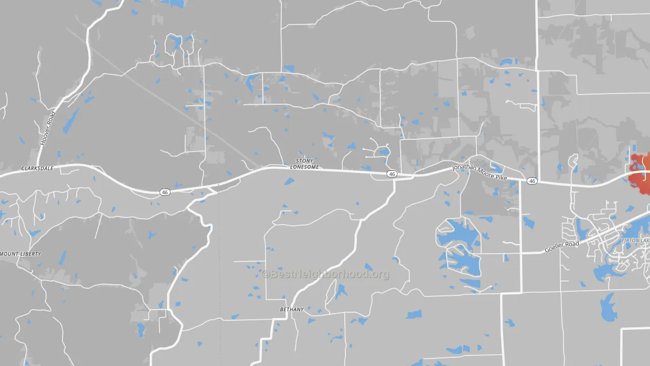 Walk Grade map of Stony Lonesome, IN, walkable areas in green and car-dependent areas in red