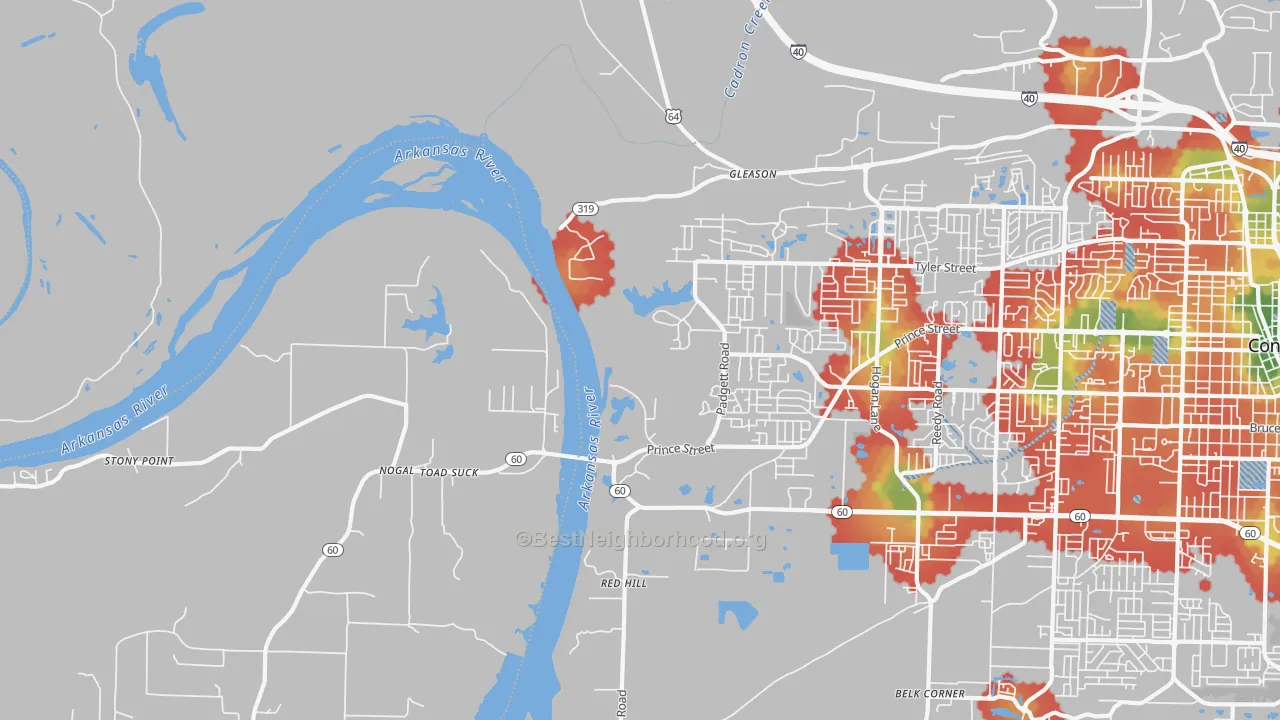 Walk Grade map of Stony Point, AR, walkable areas in green and car-dependent areas in red