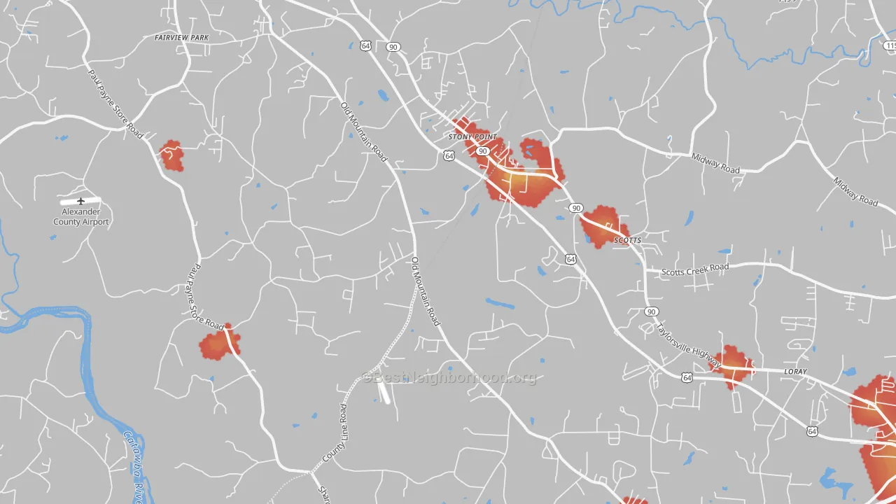 Walk Grade map of Stony Point, NC, walkable areas in green and car-dependent areas in red