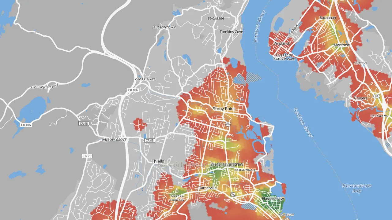 Walk Grade map of Stony Point, NY, walkable areas in green and car-dependent areas in red