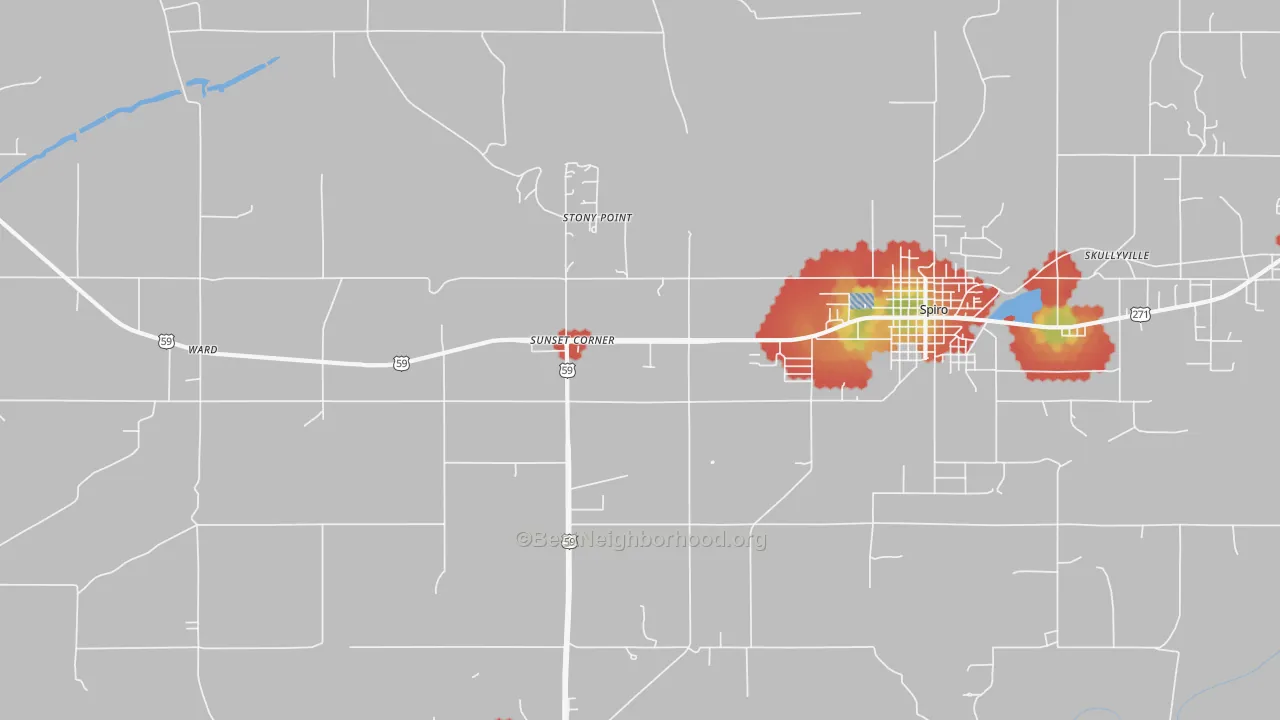 Walk Grade map of Stony Point, OK, walkable areas in green and car-dependent areas in red