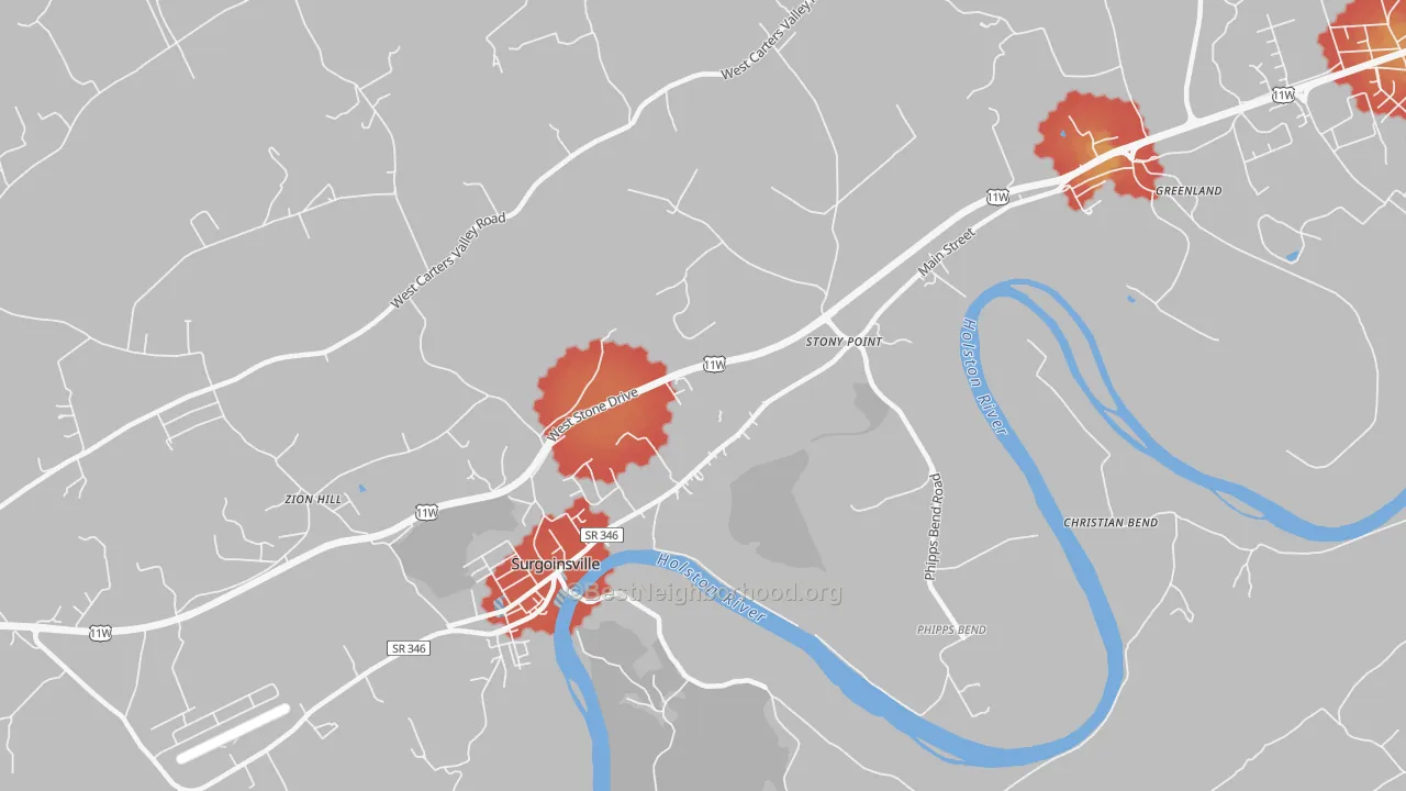Walk Grade map of Stony Point, TN, walkable areas in green and car-dependent areas in red