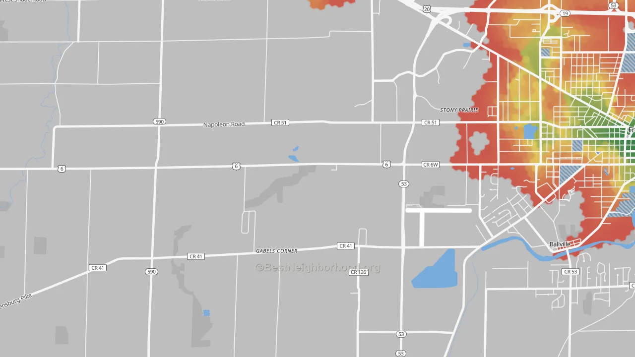 Walk Grade map of Stony Prairie, OH, walkable areas in green and car-dependent areas in red