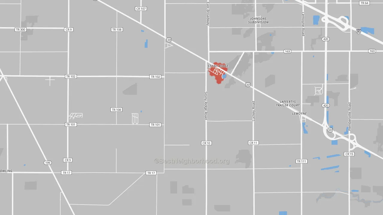 Walk Grade map of Stony Ridge, OH, walkable areas in green and car-dependent areas in red