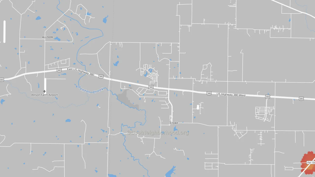 Walk Grade map of Stony, TX, walkable areas in green and car-dependent areas in red