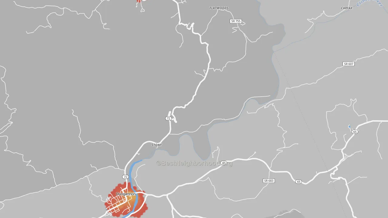 Walk Grade map of Stony, VA, walkable areas in green and car-dependent areas in red