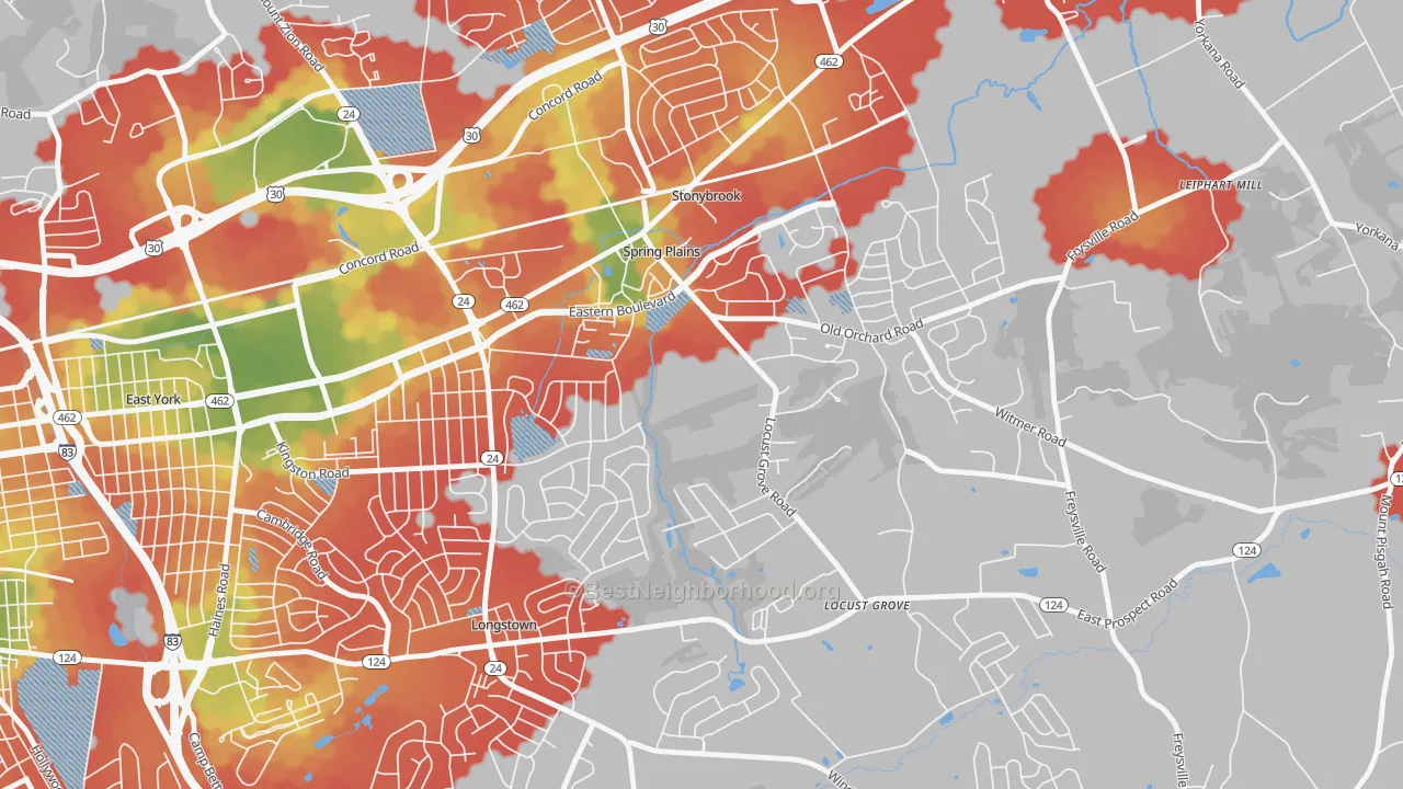 Walk Grade map of Stonybrook-Wilshire, York, PA, walkable areas in green and car-dependent areas in red