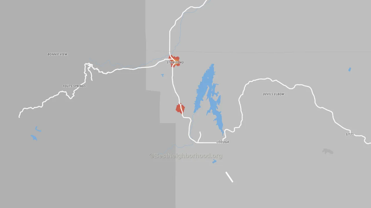 Walk Grade map of Stonyford, CA, walkable areas in green and car-dependent areas in red