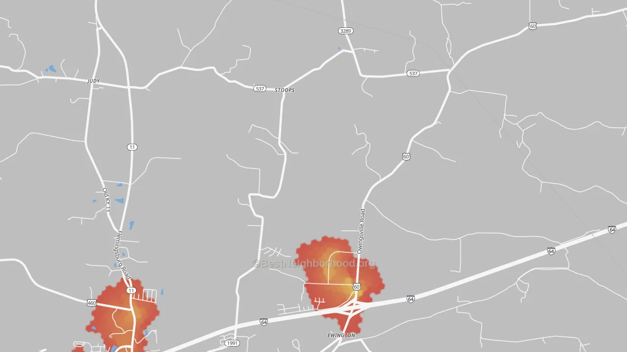 Walk Grade map of Stoops, KY, walkable areas in green and car-dependent areas in red