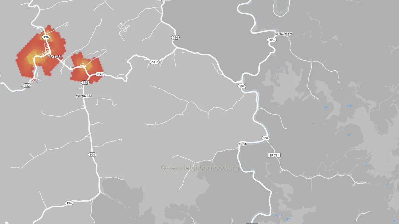 Walk Grade map of Stopover, KY, walkable areas in green and car-dependent areas in red