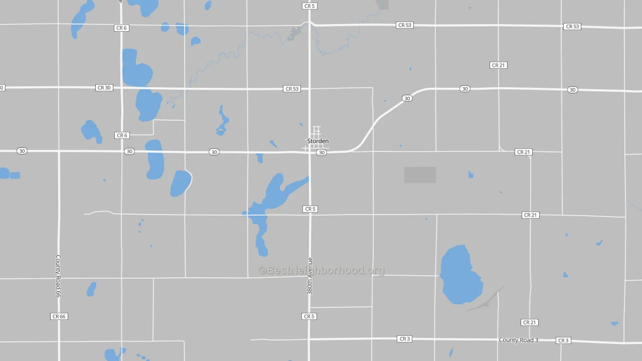 Walk Grade map of Storden, MN, walkable areas in green and car-dependent areas in red