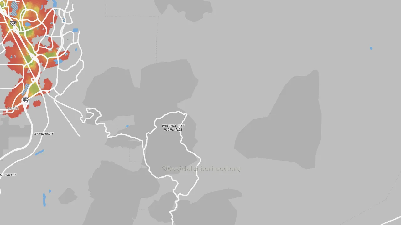 Walk Grade map of Storey County, NV, walkable areas in green and car-dependent areas in red