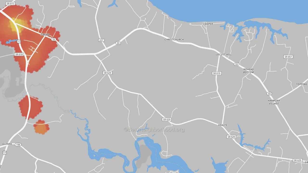 Walk Grade map of Stormont, VA, walkable areas in green and car-dependent areas in red