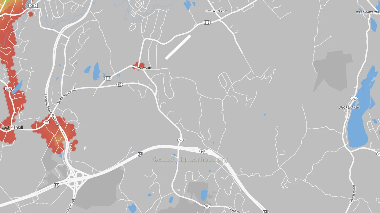 Walk Grade map of Stormville, NY, walkable areas in green and car-dependent areas in red