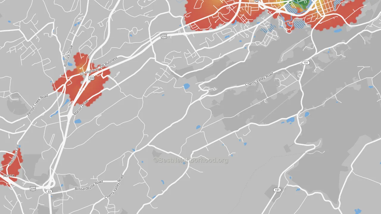 Walk Grade map of Stormville, PA, walkable areas in green and car-dependent areas in red