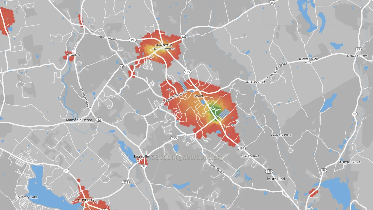 Walk Grade map of Storrs, CT, walkable areas in green and car-dependent areas in red