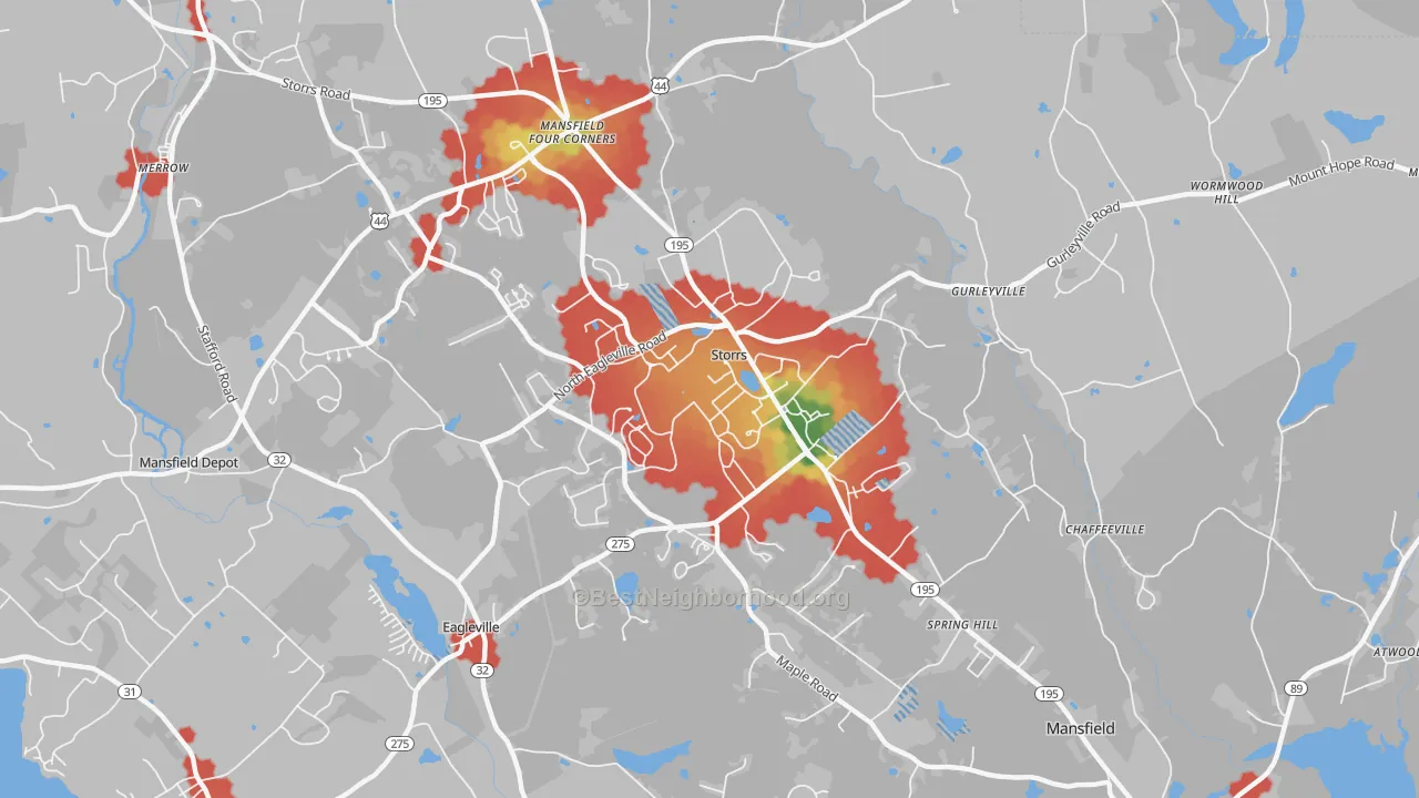 Walk Grade map of Storrs Mansfield, CT, walkable areas in green and car-dependent areas in red