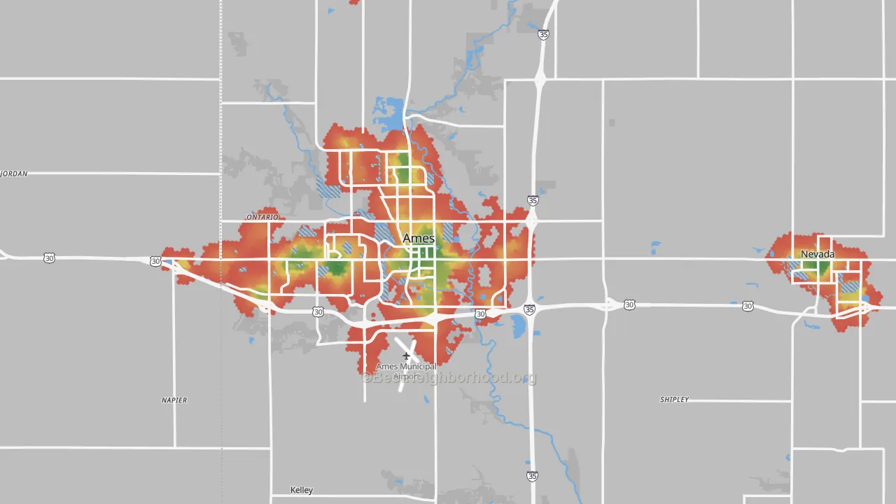 Walk Grade map of Story County, IA, walkable areas in green and car-dependent areas in red