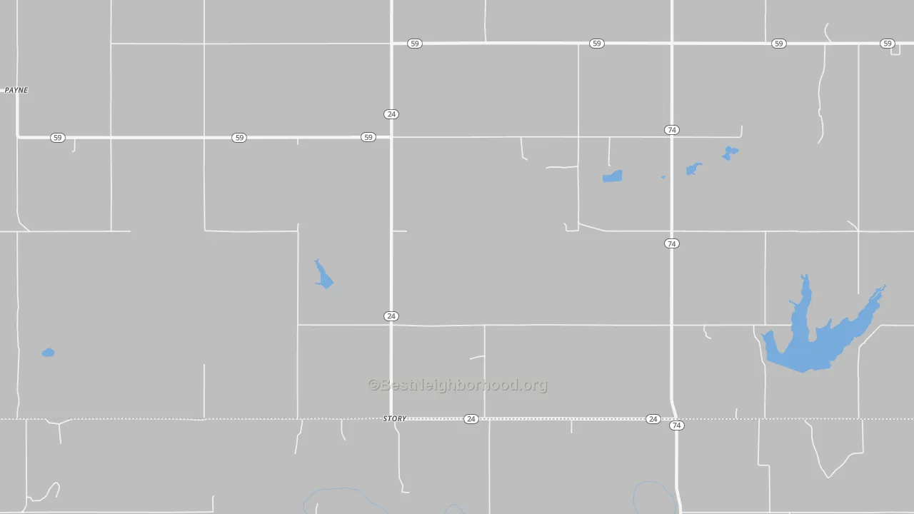 Walk Grade map of Story, OK, walkable areas in green and car-dependent areas in red