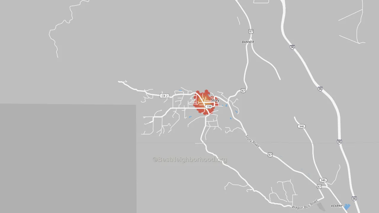 Walk Grade map of Story, WY, walkable areas in green and car-dependent areas in red